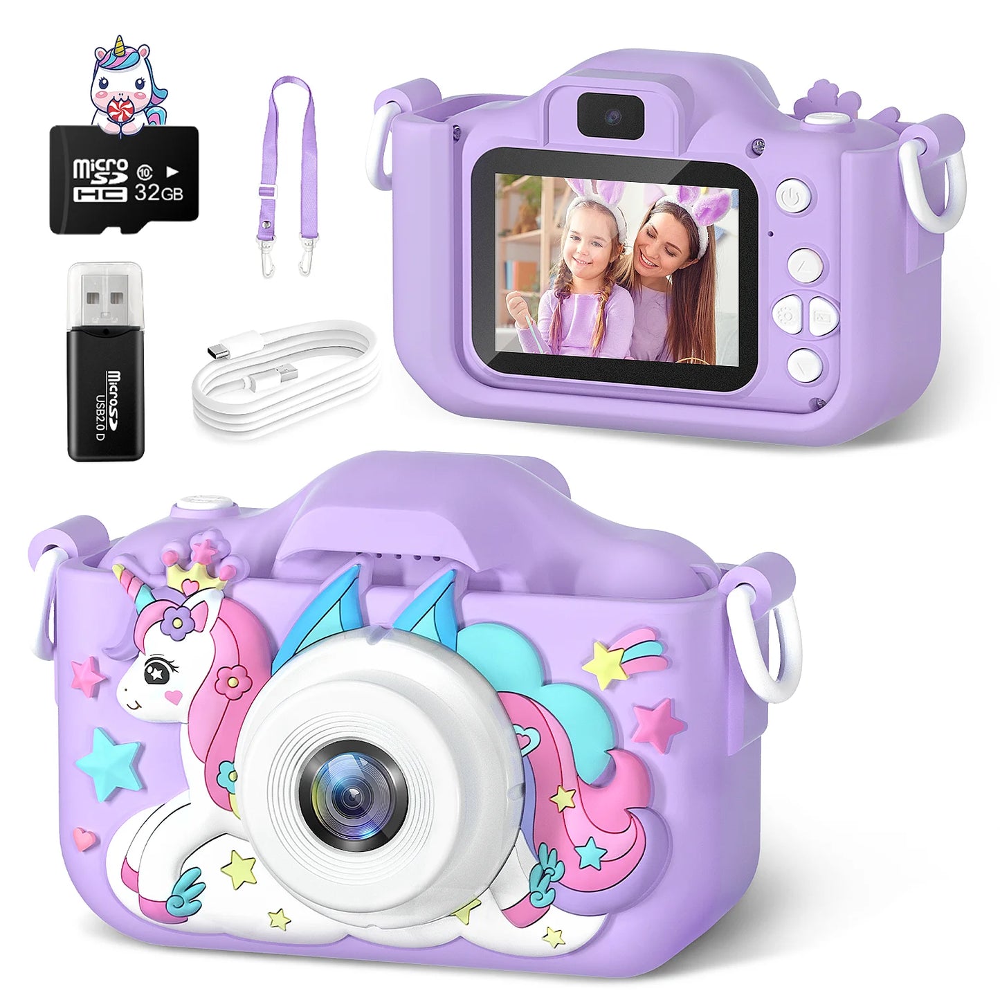 Kids Mini Unicorn Camera - 1080P HD Toy for Boys & Girls, 2" Screen with 32GB SD Card, Perfect Birthday Gift
