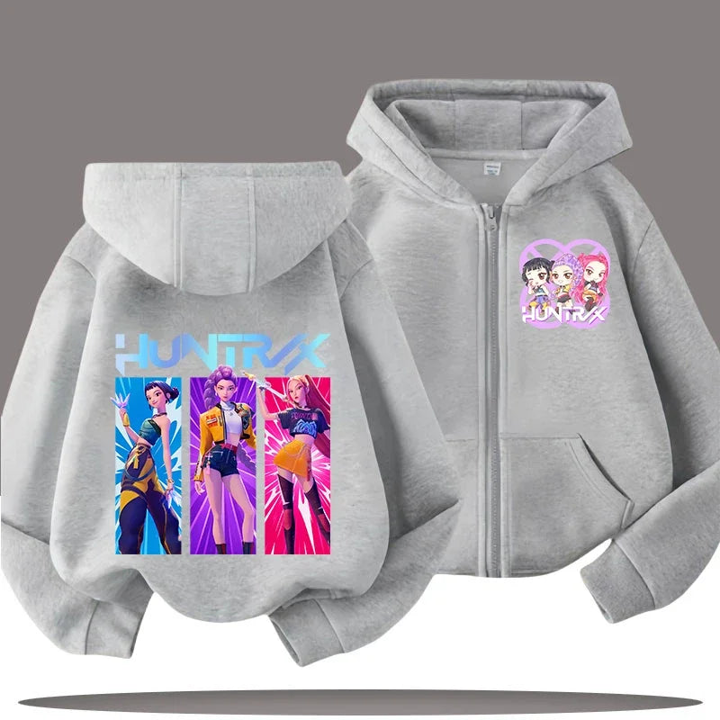 Funny Kpop Demon Hunters Zip-Up Sweatshirt – Kids Hoodie for Girls & Boys, Casual Zipper Hoody Top