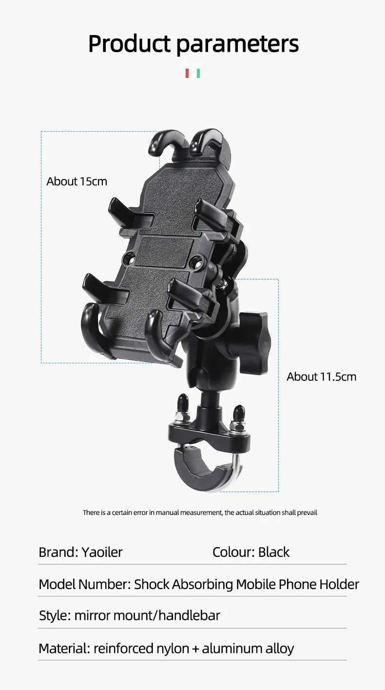 Motorcycle & Bike Phone Holder with Shock Absorber – Handlebar Rearview Mirror Mount for 4.7–7.1” Smartphones