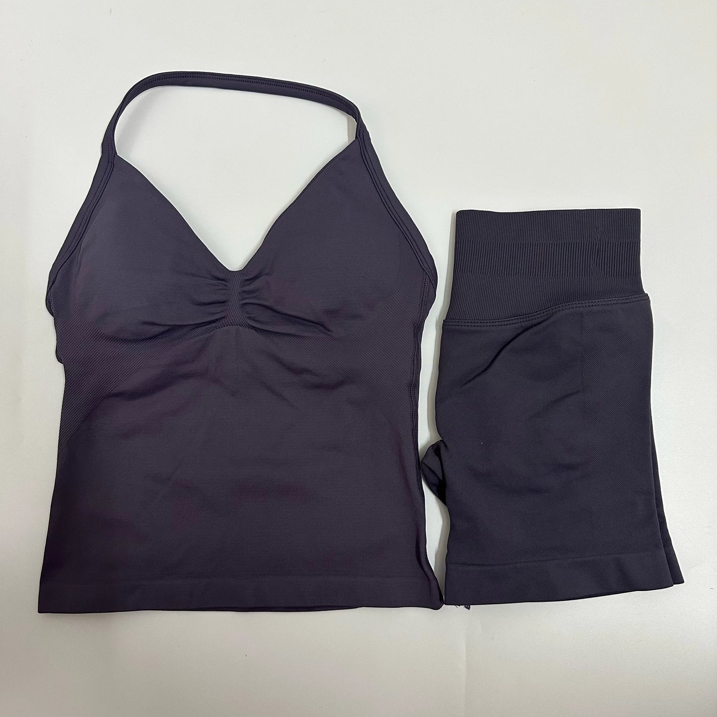 2-Piece Women’s Yoga Set – Seamless Longline Strappy Tank Top & Scrunch Sports Shorts, Summer Workout Gym Outfit