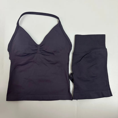 2-Piece Women’s Yoga Set – Seamless Longline Strappy Tank Top & Scrunch Sports Shorts, Summer Workout Gym Outfit