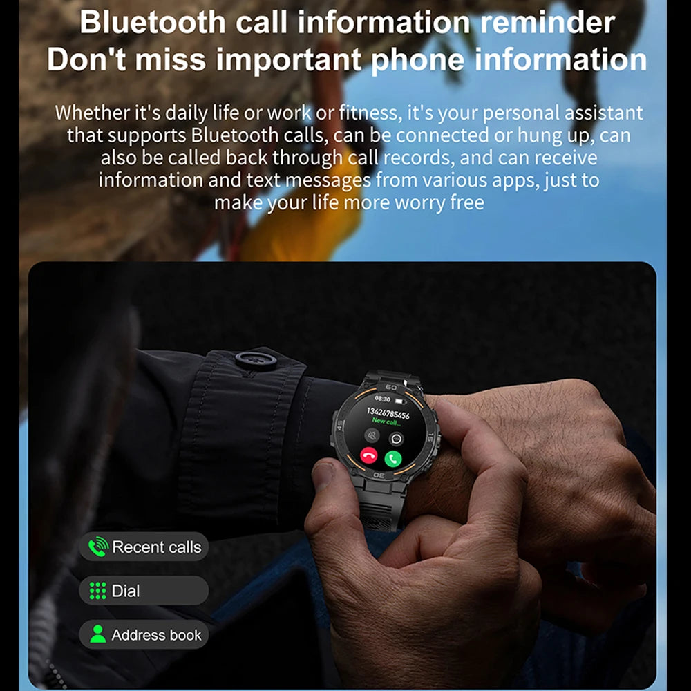 Military Smartwatch for Men – 360x360 HD Screen, Flashlight, Heart Rate, Health Monitor, Waterproof, BT Call for Android & iOS