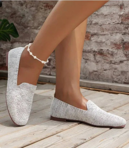 Solid Color Square Toe Mesh Loafers – Women’s Casual Slip-On Ballet Flats, Soft Bottom Knit Boat Shoes