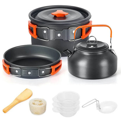 Camping Cookware Set — Non-Stick Cooking Pots, Teapot & Travel Tableware for 2-3 People, Outdoor Picnic Set