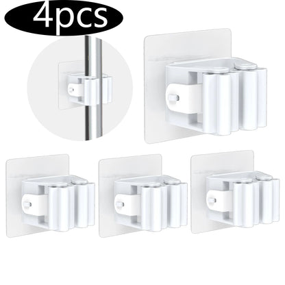 Mop Hanger 4-Pack — Self-Adhesive Wall-Mounted Broom & Mop Holder for Laundry Room & Bathroom Organization