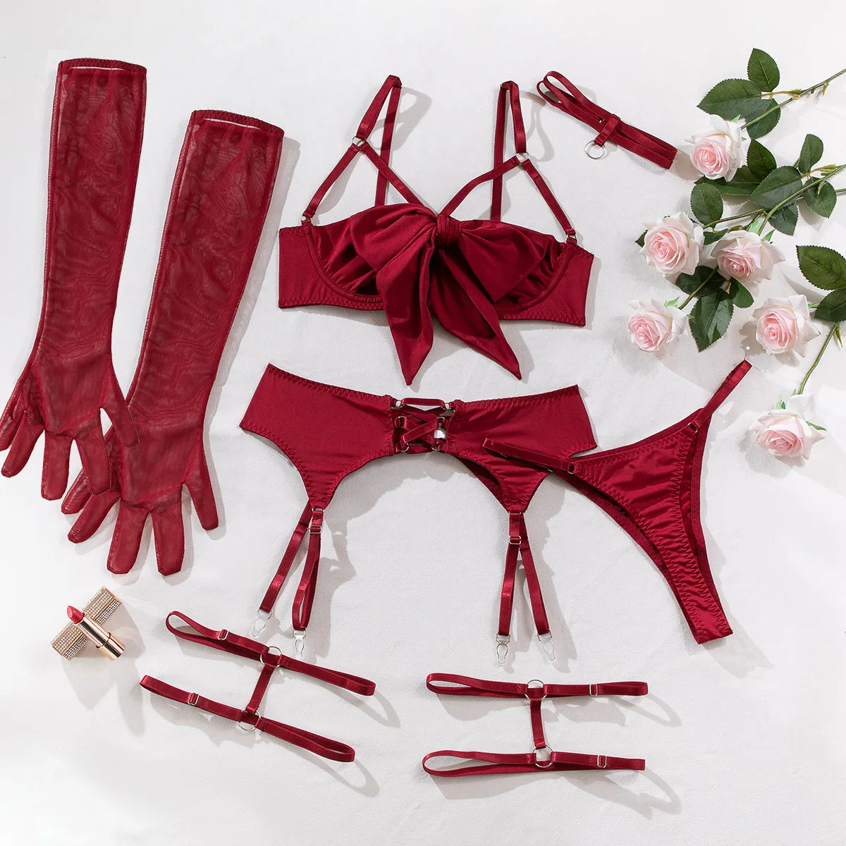 Push-Up Bikini Set - Hollow-Out Three-Piece Swimsuit with Garter Belt & Gloves