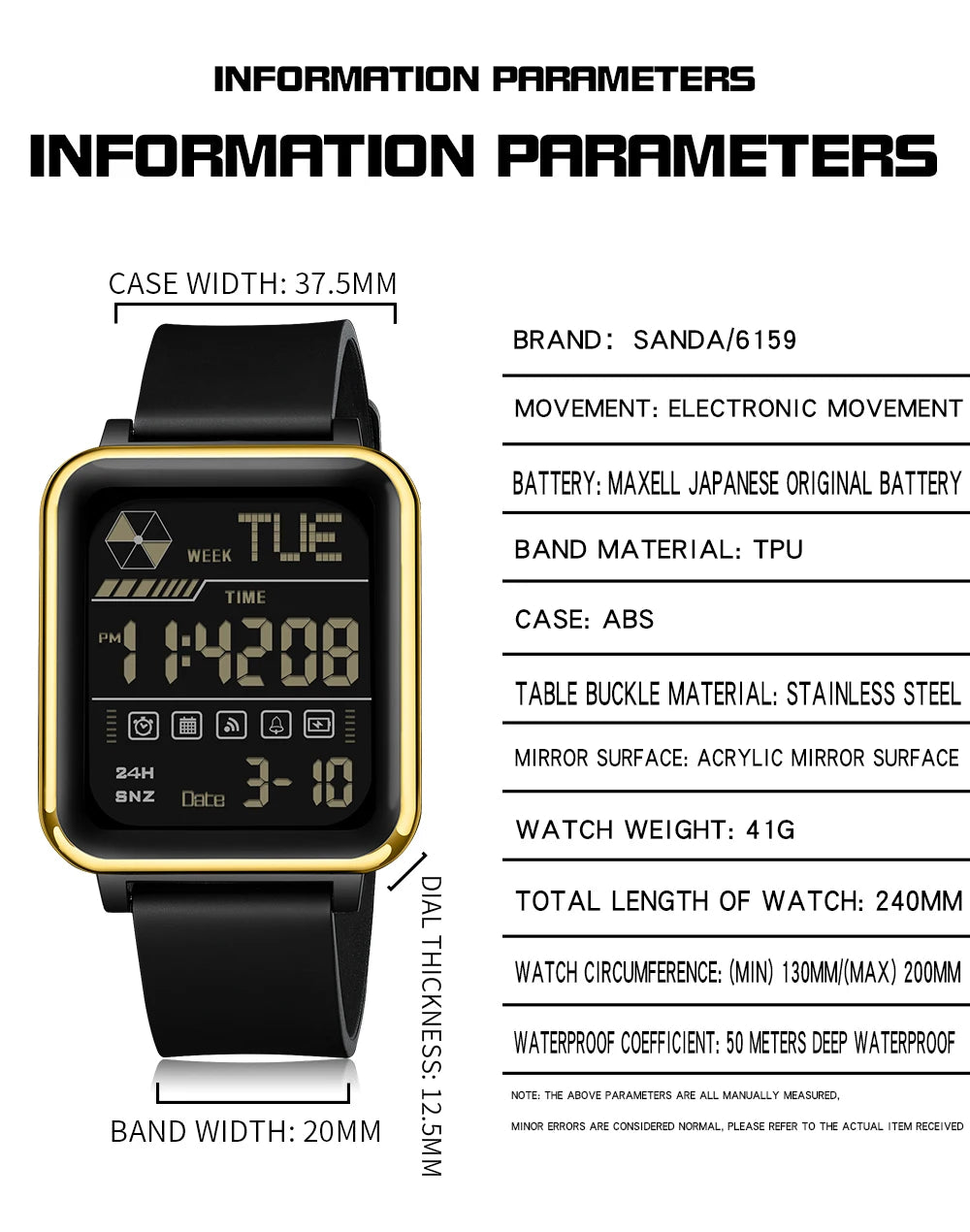 SANDA Digital Military Watch for Men – Luxury LED Stopwatch, Waterproof, Top Brand Electronic Wristwatch, Gift 6159