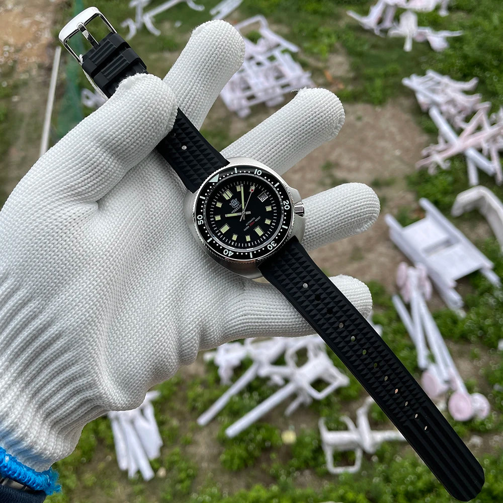 Steeldive SD1970 Men’s Automatic Dive Watch — 200M Waterproof, White Date Background, AR Coating Sapphire Glass, NH35 Black Dial Turtle Design