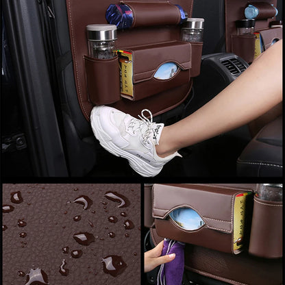 Car Seat Back Organizer with Foldable Table Tray – PU Leather Storage with Pockets, Kick Mats & Interior Accessories