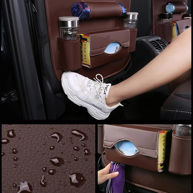 Car Seat Back Organizer with Foldable Table Tray – PU Leather Storage Organizer with Pockets & Kick Mats