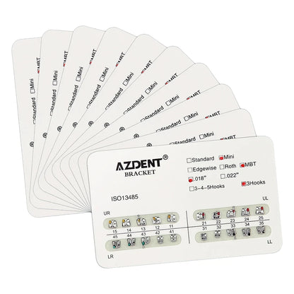 AZDENT 10 Packs Dental Brackets – Orthodontic Metal Mini Standard Roth MBT Slot 0.022/0.018 with Hooks, 20 Pcs per Pack