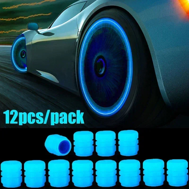 12Pcs Luminous Valve Stem Caps - Fluorescent Night Glowing Wheel Hub Caps for Motorcycle, Bicycle and Car Tyres