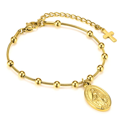 Vnox Gold Plated Rosary Bracelet – Stainless Steel Cross & Virgin Mary Religious Prayer Jewelry for Women & Girls Gift Accessories
