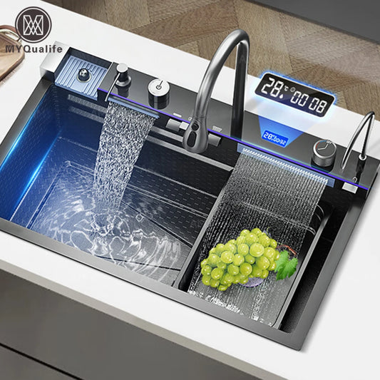 304 Stainless Steel Waterfall Kitchen Sink – Large Single Slot with Digital Display Faucet, Soap Dispenser and Cup Washer Set