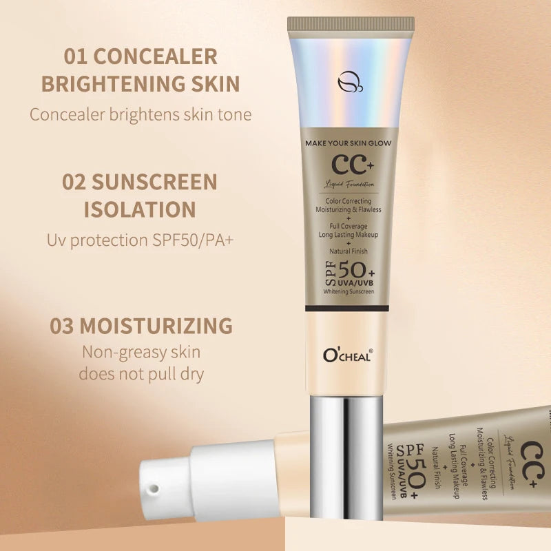 Ocheal CC Cream Foundation 30g SPF 50+ – Waterproof Moisturizing Concealer, Long-Lasting Brightening Makeup Primer with Sunscreen