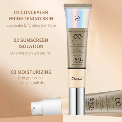 Ocheal CC Cream Foundation 30g SPF 50+ – Waterproof Moisturizing Concealer, Long-Lasting Brightening Makeup Primer with Sunscreen