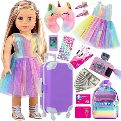 18-Inch Doll Clothes & Accessories Travel Set – Includes Pillow, Unicorn Bag, Camera, Computer, Phone & Passport, Gift for Kids