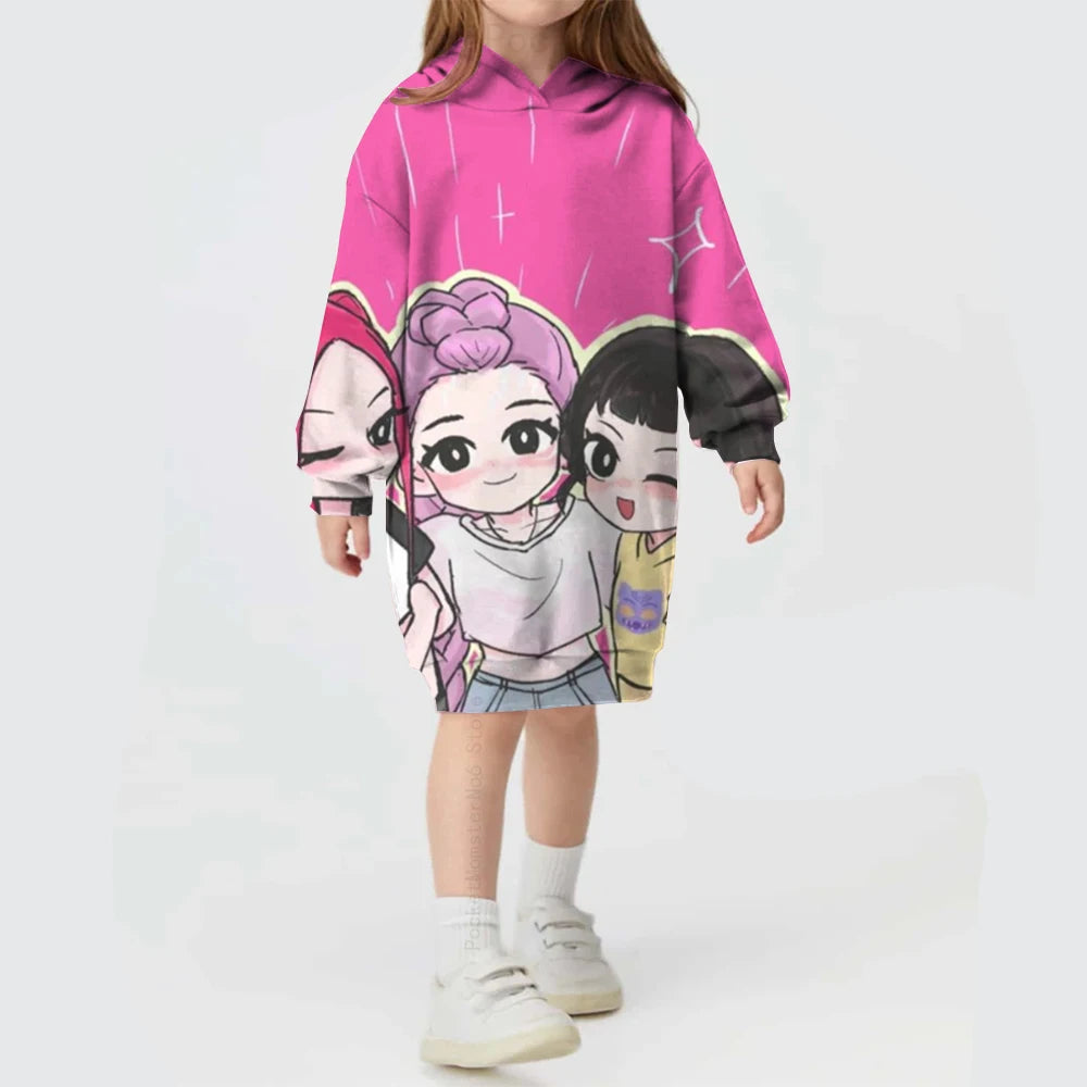 KPop Demon Hunters Hoodie Dress — Rumi Cute Cartoon Sweatshirt Pullover for Girls, Long Sleeve Autumn Y2K Sportswear