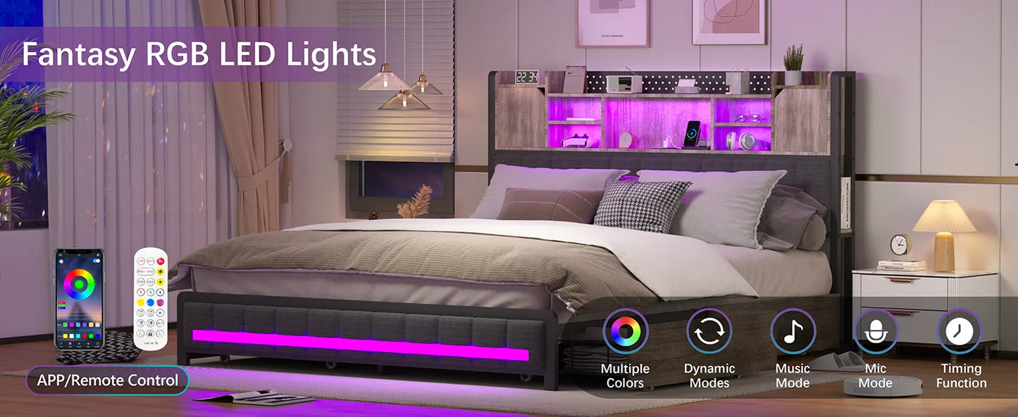 Full Size Upholstered Bed Frame with Storage Drawers, Bookcase Headboard, LED Lights & USB Charging Station