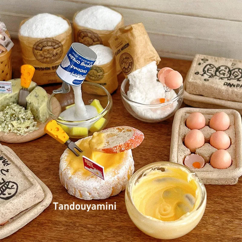 Miniature Kitchen Scene Props – Eggs, Flour & Cake for 1:6 1:8 1:12 BJD & Blythe Dollhouse DIY Accessories