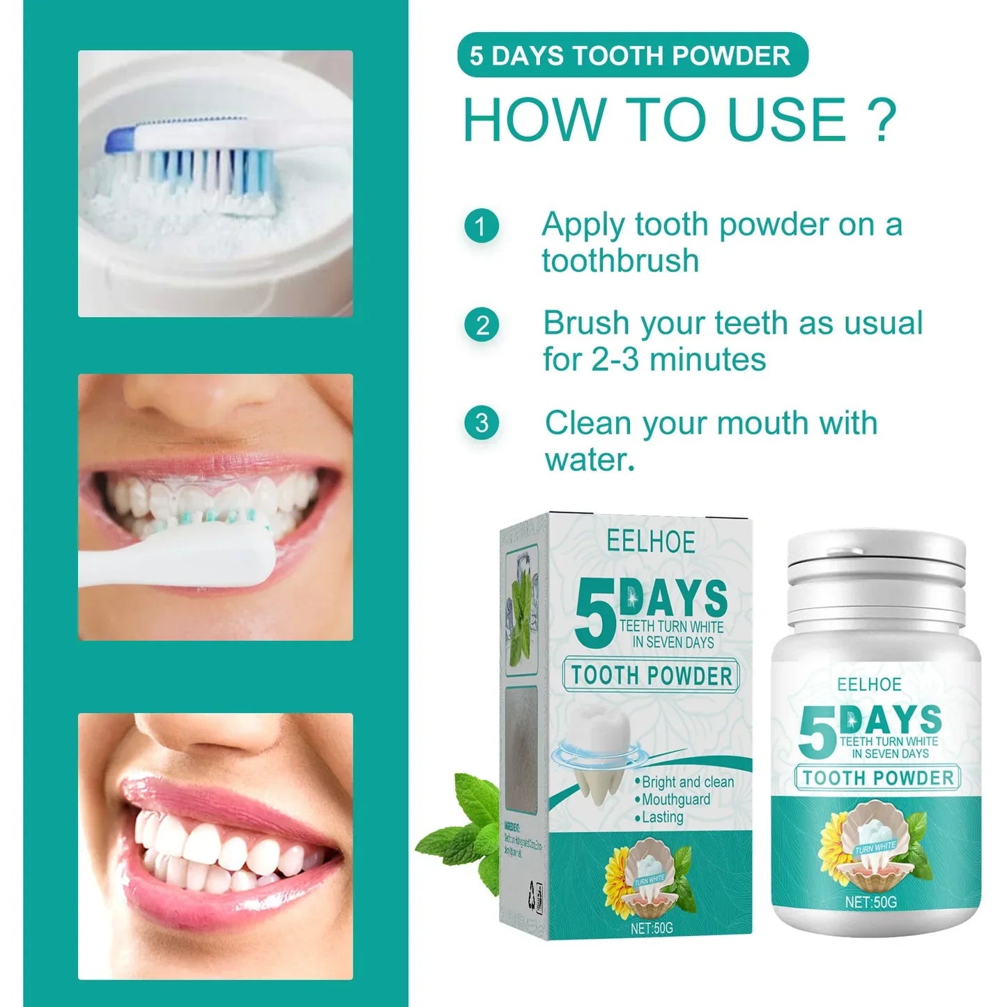 5 Day Teeth Whitening Powder – Removes Plaque & Stains, Deep Cleaning, Fresh Breath & Oral Hygiene Care