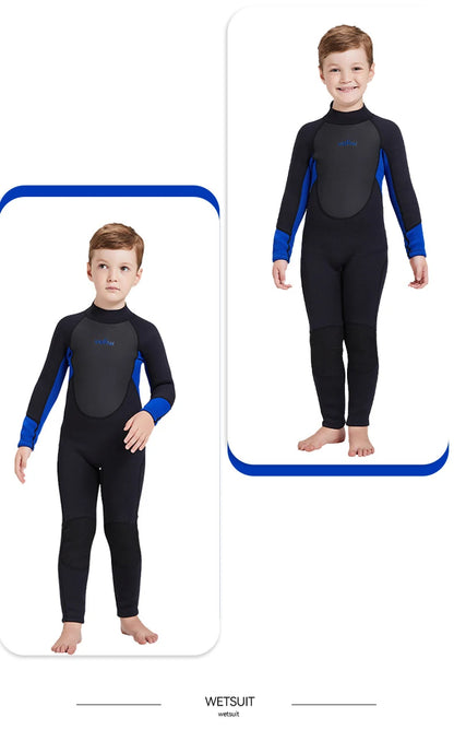 Children's 2mm/3mm Neoprene Wetsuit – One-Piece Long Sleeve Diving Suit for Cold Protection, Sunscreen, Surfing, Swimming & Snorkeling