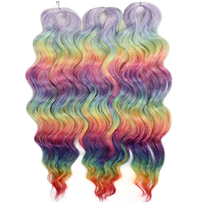 FASHION IDOL 24" Deep Wave Crochet Hair - 3-Piece Synthetic Water Wave Braiding Extensions, Ombre Rainbow Twist Hair