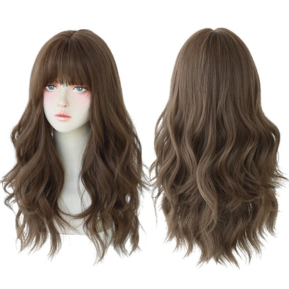 7JHH Brown Ash Long Deep Wave Lolita Wig for Women — Synthetic Hair with Bangs, Thick Curly Fashion Wig