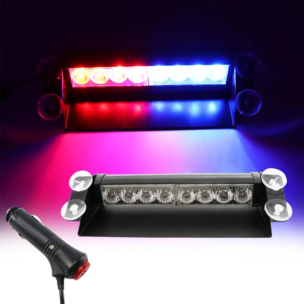 8 LED Police Strobe Lights for Cars - 12V Emergency Signal Warning Light, Auto Truck Flashing Windshield Flash Lighting