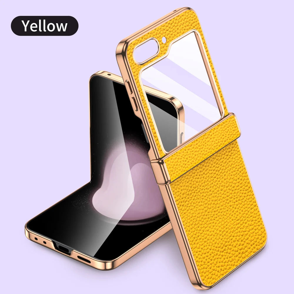 Cowhide Leather Samsung Galaxy Z Flip Case — Luxury Hinge Protection Cover with Tempered Glass for Flip 5/6/7