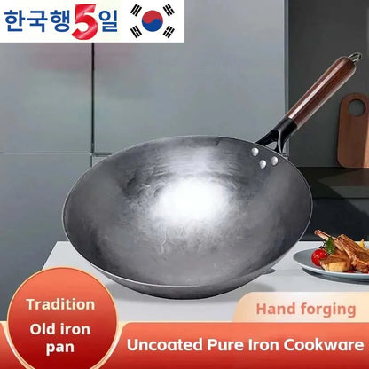 30cm Traditional Hand-Forged Iron Frying Pan, Non-Coated with Wooden Handle, Old-Style Household Cookware