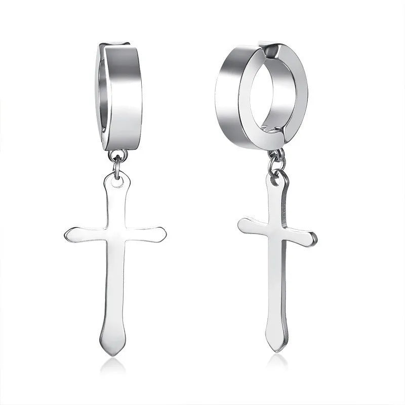 Stainless Steel Cross Charm Earrings - Men's Fashion Jewelry