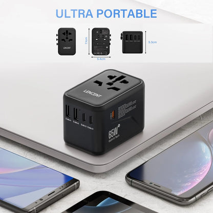 LENCENT 65W/100W GaN Fast Charging International Travel Adapter - 2 USB and 3 Type-C Ports, Includes EU, AU, US, UK Plugs
