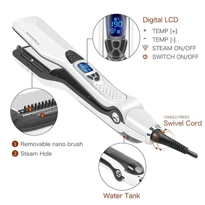 Professional Hair Straightener – Dual Voltage Titanium Curling Iron, Steam Flat Iron & Hot Hair Comb with Wide Plates