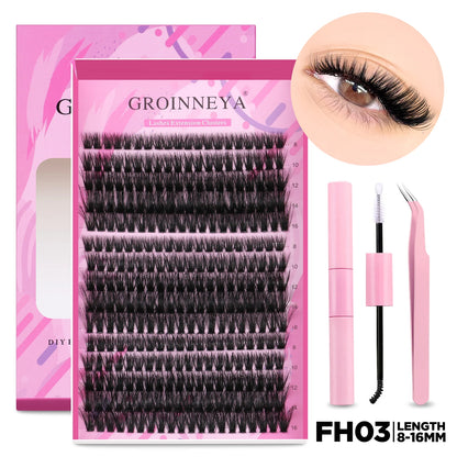 GROINNEYA DIY Lash Extension Kit – Individual & Cluster Lashes Full Set with Lash Bond and Seal for At-Home Use
