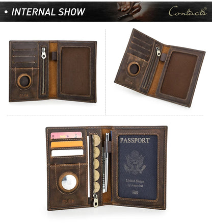Genuine Cow Leather Passport Holder with AirTag Case – RFID Blocking Travel Wallet with Pen, Card Holder & Anti-Lost Pocket