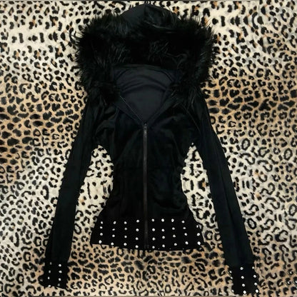 Women's Gothic Fur Collar Hoodie - Y2K Harajuku Slim-Fit Cardigan Sweatshirt for Autumn & Winter