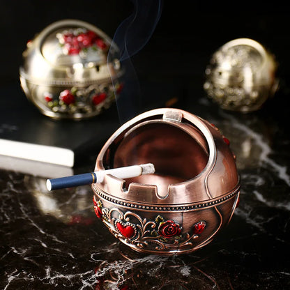 Vintage Metal Ashtray with Lid - Multi-Functional, Anti-Fly Ash, Decorative for Home, Office, and Living Room - Unique Retro Gift