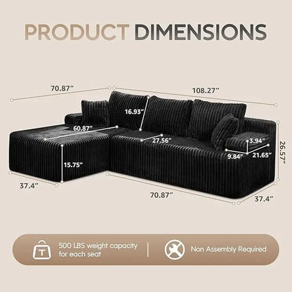 Modular L-Shaped 3-Seat Sectional Sofa — Memory Foam, Deep Seating & Storage