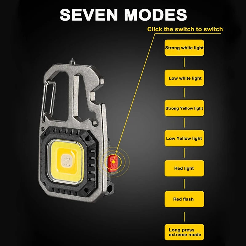 Mini LED Keychain Work Light - Portable Pocket Flashlight USB Rechargeable Camping Lamp with Window Hammer, Bottle Opener