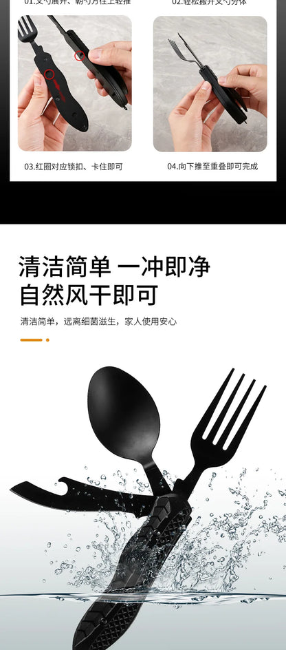 Portable Stainless Steel Camping Cutlery Set – Foldable Spoon, Fork, Knife & Bottle Opener Multitool
