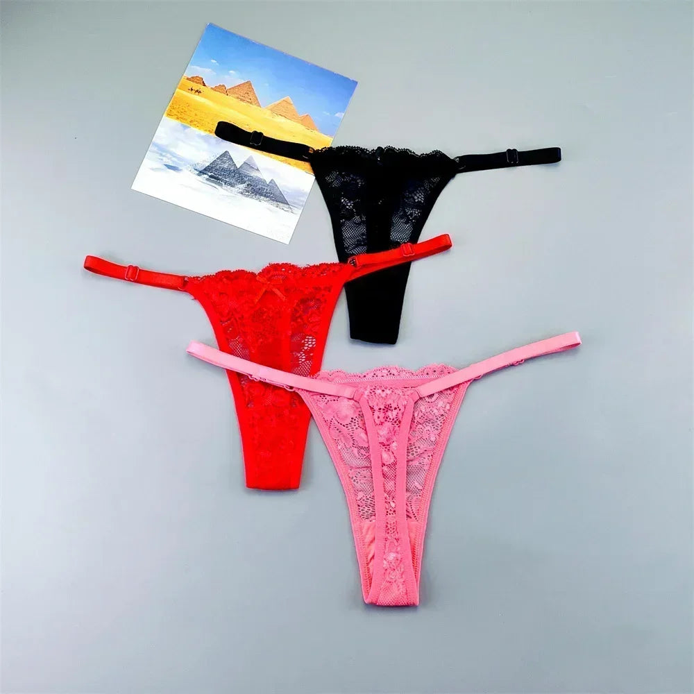 Women's Transparent Lace Thong Set - 3PCS Adjustable Low Waist Sexy T-Back Underwear