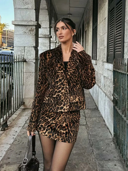 Women’s 2-Piece Leopard Print Skirt Suit – Long Sleeve Blazer Top & Mini Skirt Fashion Set