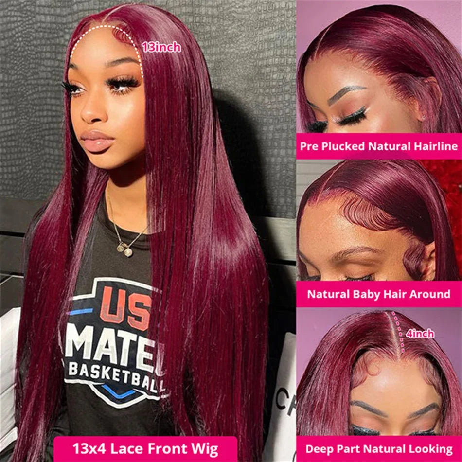 99J Burgundy Lace Front Human Hair Wig – Straight 13x4 HD Transparent Full Lace Frontal, Red Glueless Wig for Women