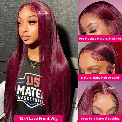 99J Burgundy Lace Front Human Hair Wig – Straight 13x4 HD Transparent Full Lace Frontal, Red Glueless Wig for Women