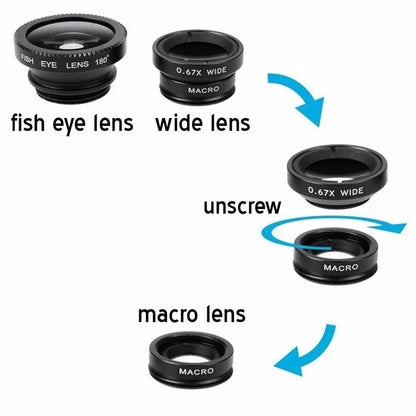3-in-1 Fisheye Wide Angle Smartphone Camera Lens - Clip-On Macro & Zoom Lens for iPhone Xiaomi Redmi