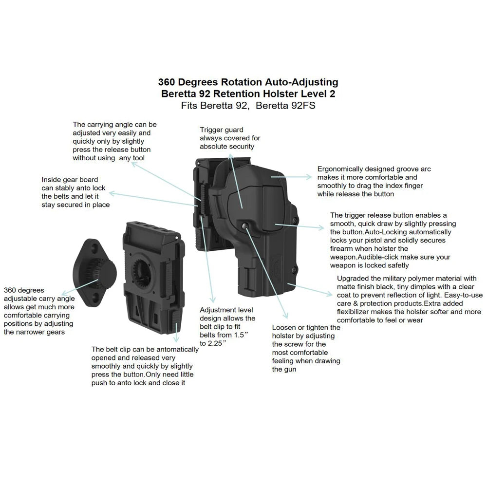 360° Rotating Tactical Holster - Universal Pistol Holder for Sig P320 SP2022 P226 Beretta PX4 Glock 17 19 23
