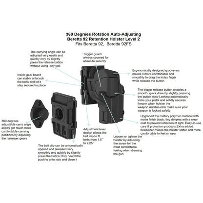 360° Rotating Tactical Holster - Universal Pistol Holder for Sig P320 SP2022 P226 Beretta PX4 Glock 17 19 23
