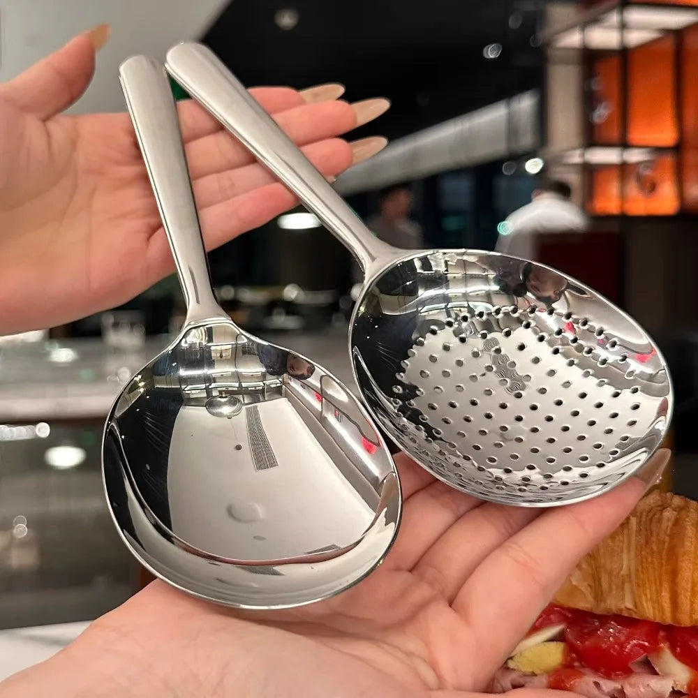 Large Stainless Steel Round Spoon — Big Head Rice Serving Spoon with Drain Holes, Heat-Resistant Kitchen Utensil