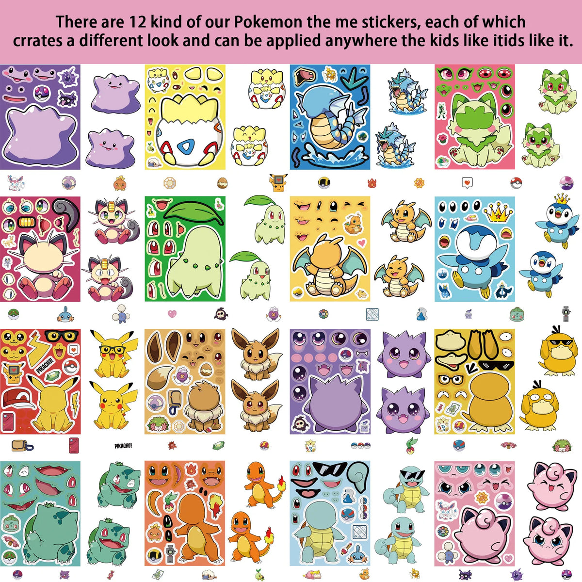 16-Sheet Pokémon Make-a-Face Puzzle Stickers - Pikachu & Charizard DIY Cartoon Matching Game for Kids